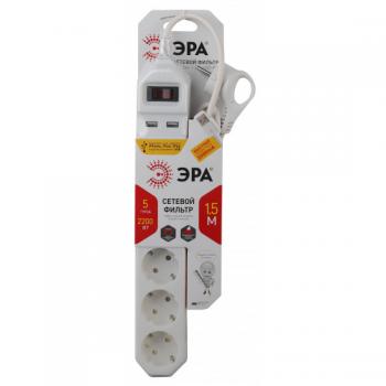 Фильтр сетевой ЭРА USF-5es-1.5m-USB-W белый